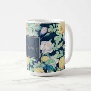 Mug Romantique Jaune Roses Blanches floral Bleu Design
