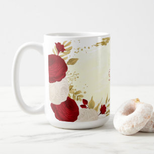 Mug Romantique rouge foncé & fleurs blanches mariage