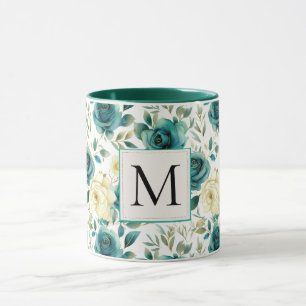 Mug Romantique Turquoise Green Creme Rose Floral Monog