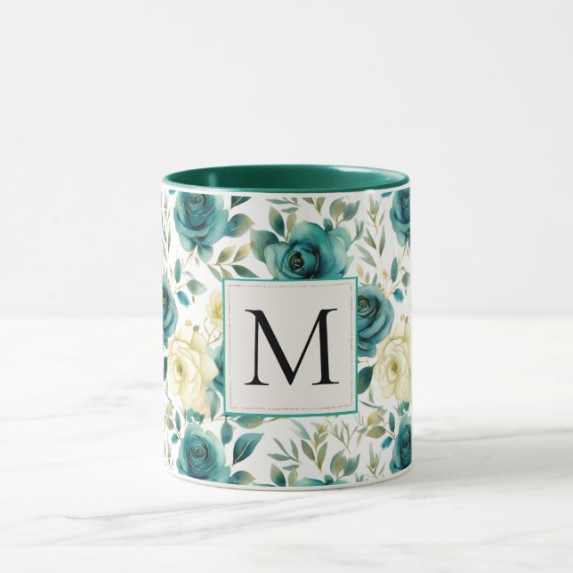 Mug Romantique Turquoise Green Creme Rose Floral Monog (Centre)