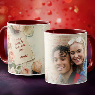 Mug Romantique Vintage Roses Love Lettre Nom Photo