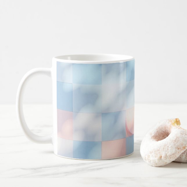 Mug Rose, bleu ciel, motif carré, aquarelle (Avec donut)