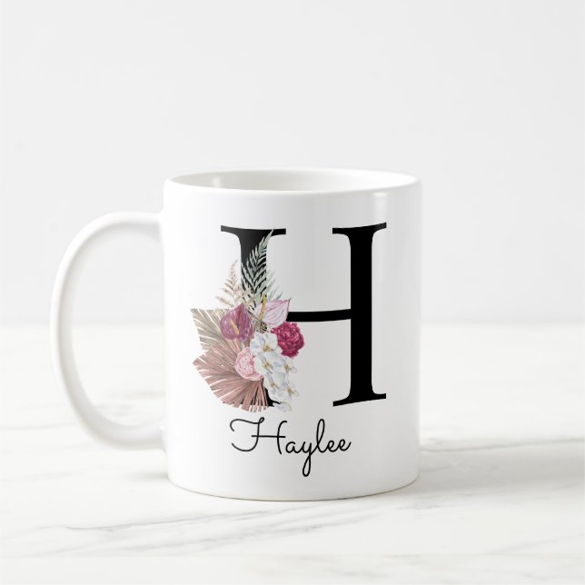 Mug Rose Boho Girly Floral Monogramme Initiale H (Gauche)