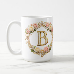 Mug Rose Doré avec Fleurs et Monogramme Lettre B Maria