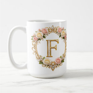 Mug Rose Doré Fleur Monogramme Lettre F Mariage