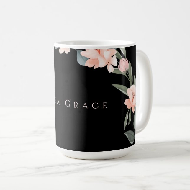 Mug Rose florale aquarelle rose pâle noir (Devant droit)