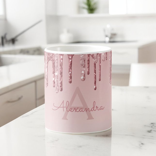 Mug Rose Gold Pailleté Monogramme Nom & Initiale (Créateur téléchargé)