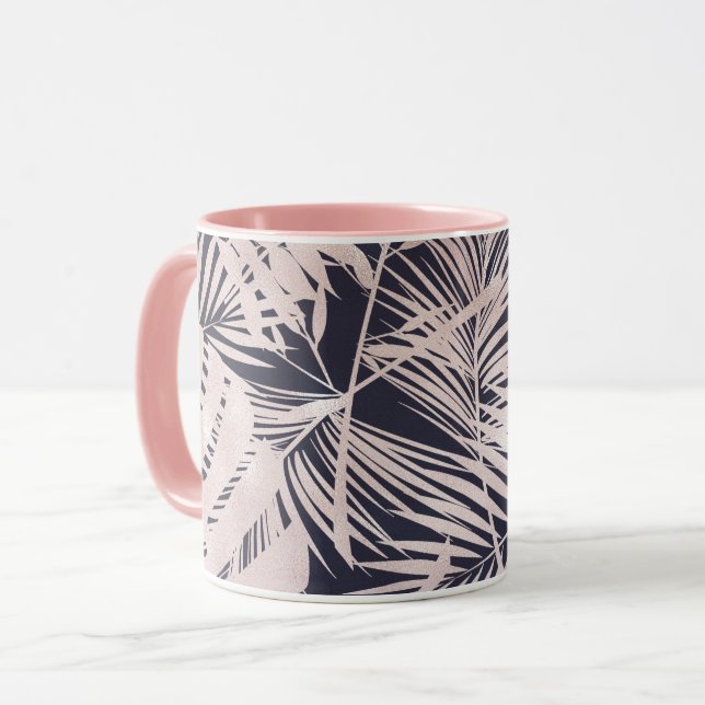 Mug Rose Gold Pink Dark Tropical Palm Tree Leaves (Devant gauche)