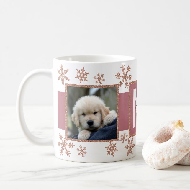 Mug Rose Gold Snowflake 2 Photo Monogramme Noël (Avec donut)