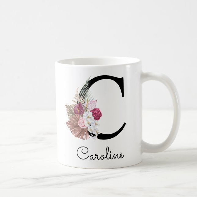 Mug Rose Moderne Bohème Féminin Floral Initiale C (Droite)