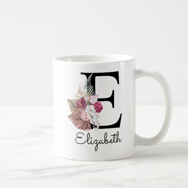 Mug Rose Moderne Boho Florale Initiale E (Droite)