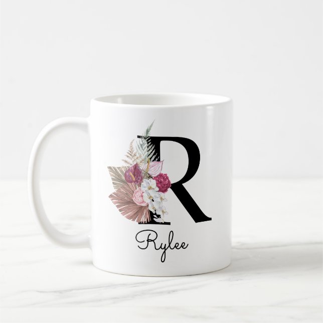 Mug Rose Monogramme Boho Féminin Floral Initiale R (Gauche)