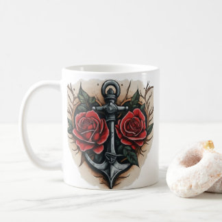 Mug Rose néo-traditionnel et tatouage Ancre