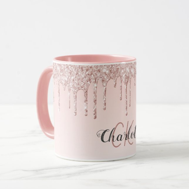Mug Rose or parties scintillant de rougissement monogr (Devant gauche)