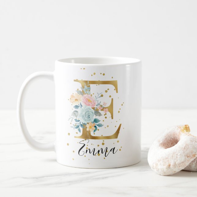 Mug Rose or Pastel Floral Aquarelle Monogramme E (Avec donut)