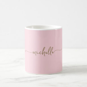 Mug Rose Pâle Élégante Signature Monogrammée en Or