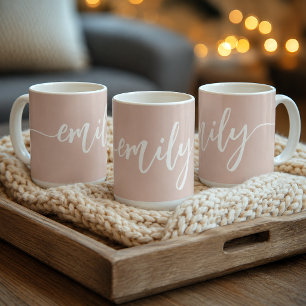 Mug Rose Pâle Personnalisé Nom Calligraphie Blanc
