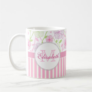 Mug Rose pastel, violet, fleurs, rayures roses et blan