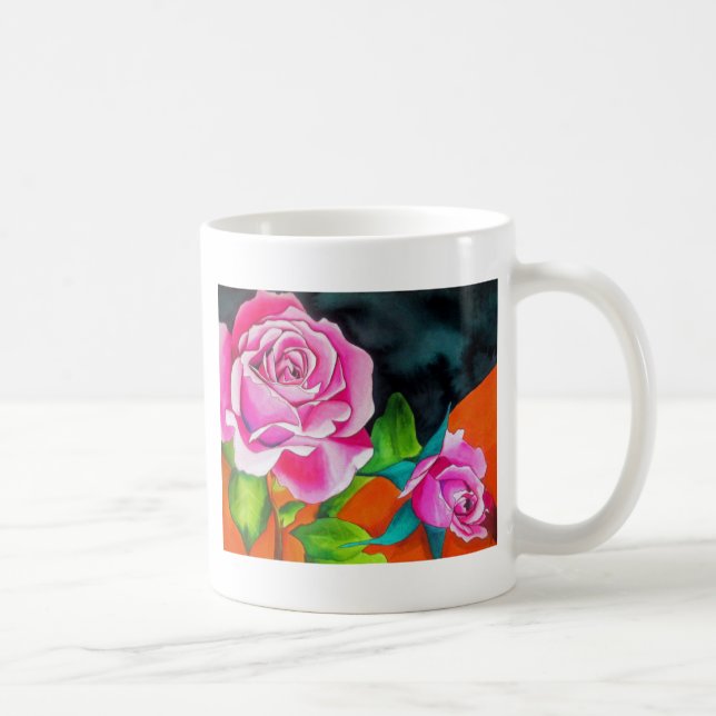 Mug Rose rose avec aquarelle orange (Droite)