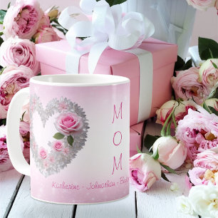 Mug Rose rose avec cœur de feuille d'argent pour maman