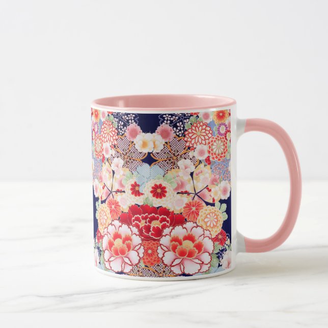 Mug ROSE ROUGE BLANC FLEURS pivoines, Floral japonais  (Droite)