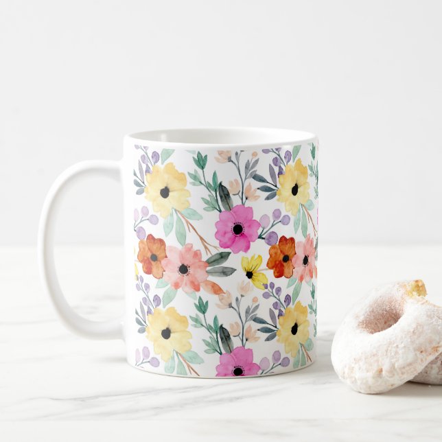 Mug Rose, Rouge, Fleurs Florales Jaunes Aquarelle (Avec donut)