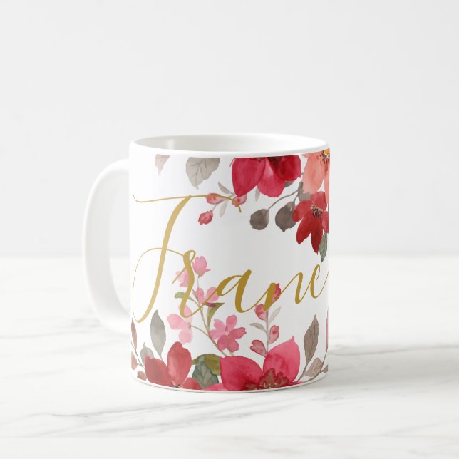 Mug Rose Rouge Floral Aquarelle Script Ajouter Votre N (Devant gauche)