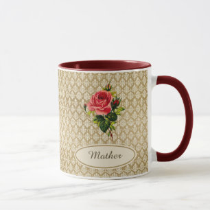 Mug Rose vintage de rose de motif de damassé d'or pour