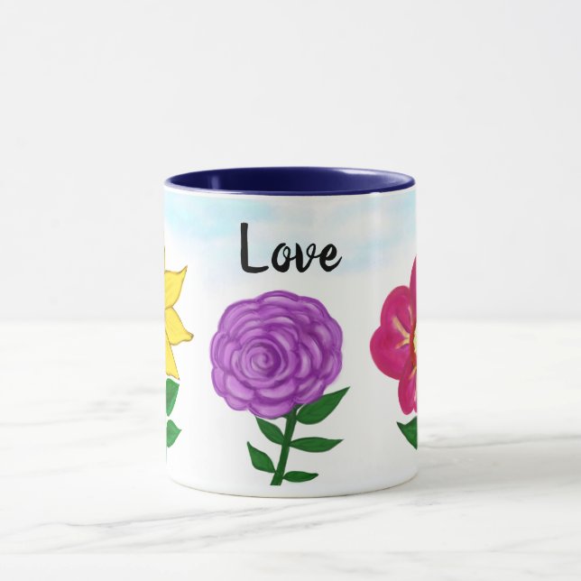 Mug Rose violet Fleurs Jaunes Aimer (Centre)