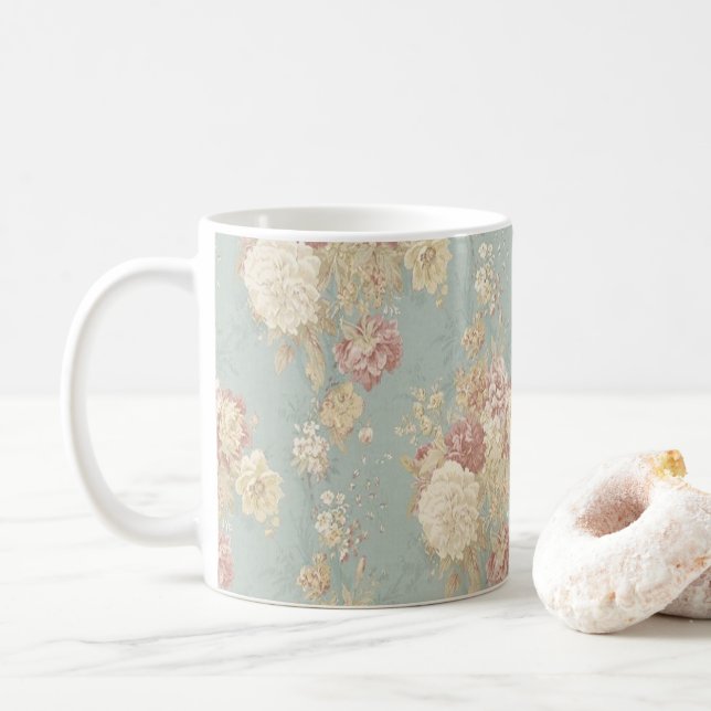 Mug Roses rose blanc sur Arrière - plan bleu (Avec donut)