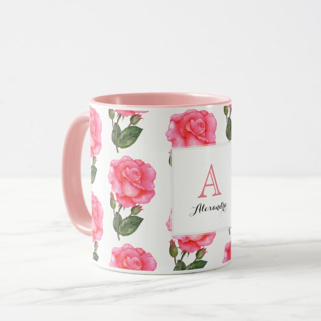 Mug Roses roses roses sur mesure Art Floral Monogramme (Devant gauche)