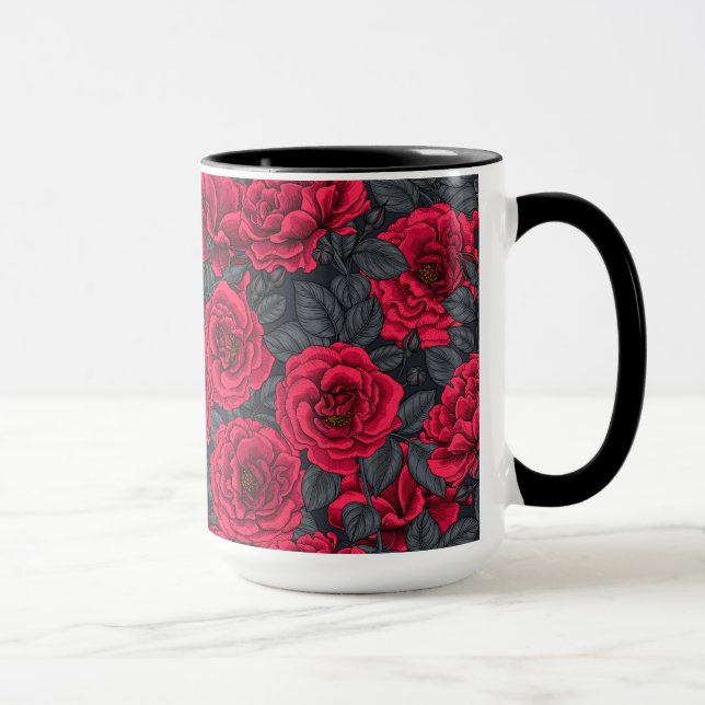 Mug Roses rouges avec feuilles gris sur noir (Droite)