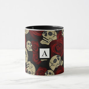 Mug Roses Rouges & Crânes Floral Gothique Gris Noir