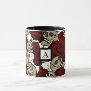 Mug Roses Rouges & Crânes Floral Noir Gothique Blanc