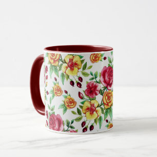 Mug roses vintages, jaune et rouge rose,