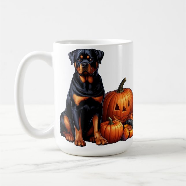 Mug Rotweiler Chien assis par des Citrouilles d'Hallow (Gauche)