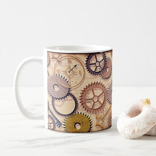 Mug Roues à vapeur, engrenages, clés, vieille carte Pe (Avec donut)