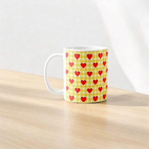 Mug Rouge Coeur Jaune En vichy Saint Valentin Cadeau