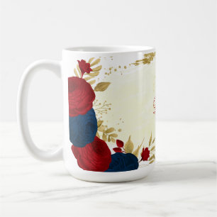 Mug rouge et fleurs bleu marine feuilles d'or mariage