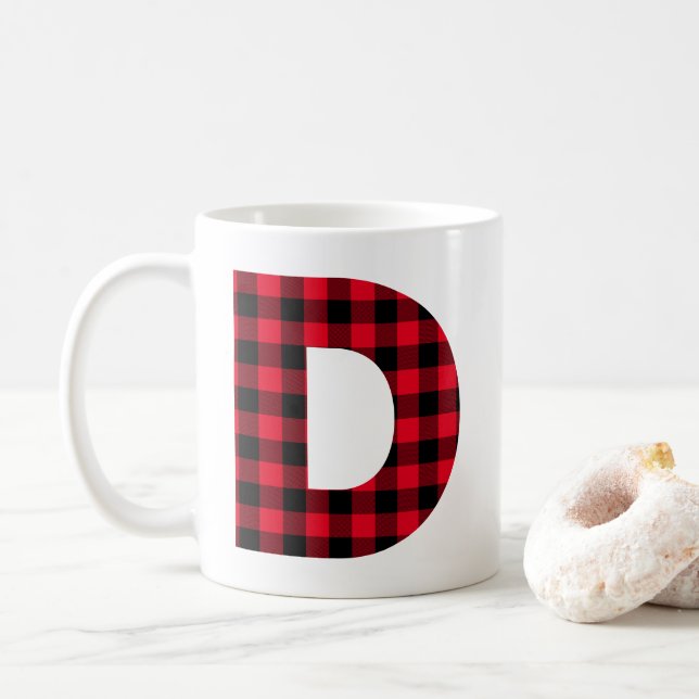 Mug Rouge et noir Buffalo Check Bold Lettre D Monogram (Avec donut)