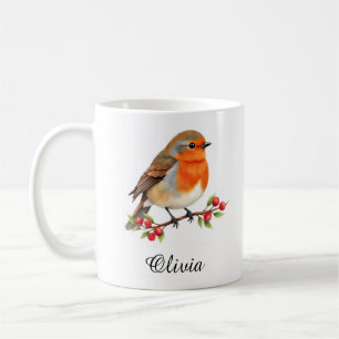 Mug Rouge-gorge aquarelle vibrant sur branche de houx