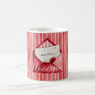 Mug Rouge romantique rayures blanches Mon Cheri Amour