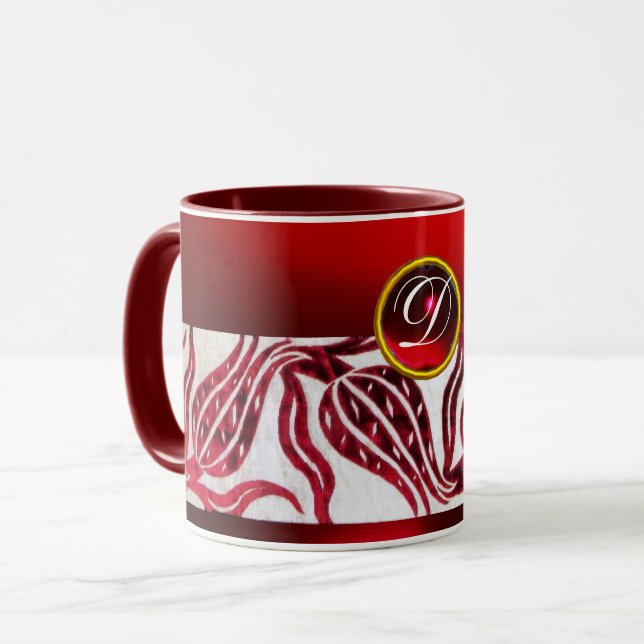 Mug ROUGE VELVET DAMASK TULIP MONOGRAMME Bourgogne Bla (Devant gauche)