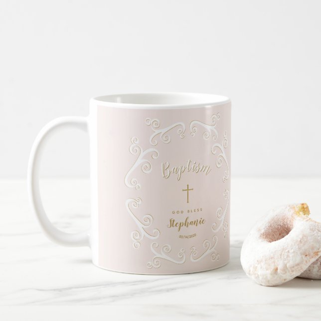 Mug Rouleaux de baptême en rose et or (Avec donut)