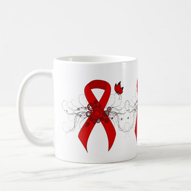 Mug Ruban de sensibilisation rouge avec papillon (Gauche)