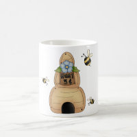 Ruche d'abeille avec fleur bleue et abeilles