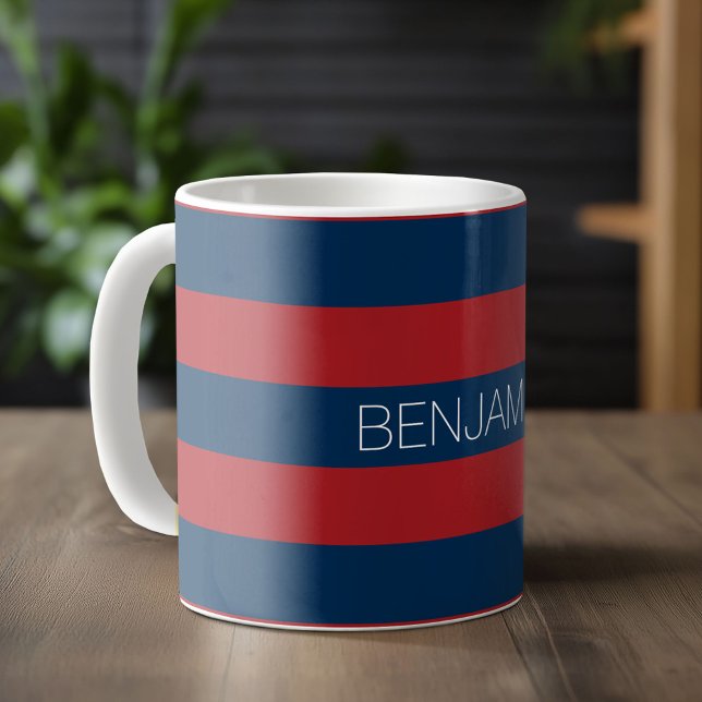 Mug Rugby bleu marine et rouge avec nom personnalisé (Custom Monogram Mug)