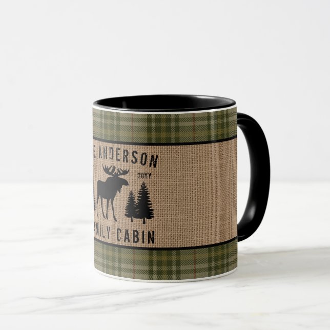 Mug Russe Famille Cabine Moose Pine Vert Plaid 2 Tone (Devant droit)