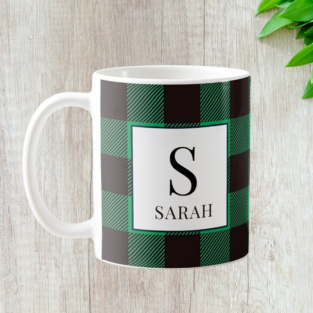 Mug Rustic Buffalo Green & Black Plaid Monogram Name (Rustic Buffalo Green & Black Plaid Monogram Name Coffee Mug
)