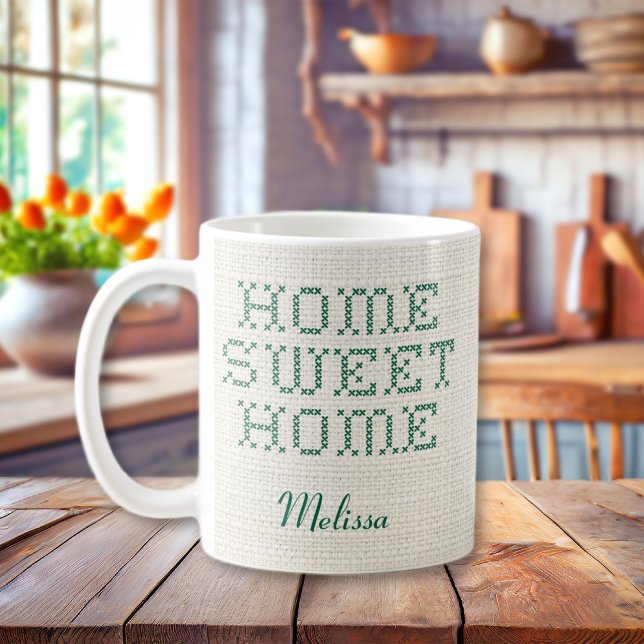 Mug Rustic Faux Cross-Stitch Accueil Sweet Home Vert (Rustic Faux Cross-Stitch Home Sweet Home Green Coffee Mug
)